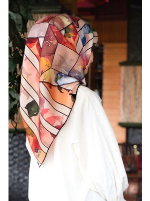 Vissona %100 Twill Ipek Bahar Çiçekleri Desenli Pudra - Bebe Mavisi Renkli 90X90 Eşarp Kenar Dikiş Şekli El