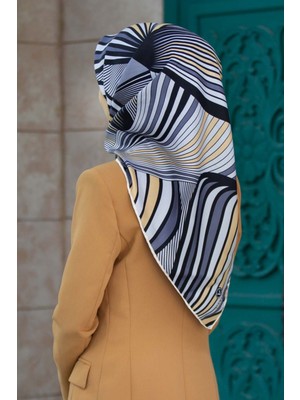 Vissona %100 Twill Ipek Okyanus Dalgası Desenli Bej - Gri Renkli 90X90 Eşarp Kenar Dikiş Şekli El Dikişli