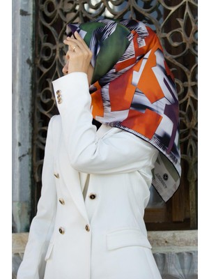 Vissona %100 Twill Ipek Geometrik Desenli Turuncu - Zümrüt Yeşili Kabuğu Renkli 90X90 Eşarp Dikim Şekli : El