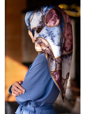 Vissona % 57 Ipek % 43 Viskon Twill Ipek Zincirli Mermer Desenli Bebe Mavisi - Pudra Renkli 90X90 Eşarp Diki