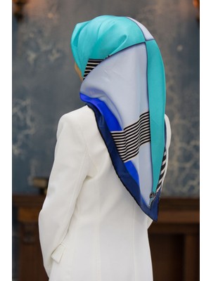 Vissona %100 Twill Ipek Çizgili ve Geometrik Desenli Saks - Mint Yeşili Renkli 90X90 Eşarp Dikim Şekli : El