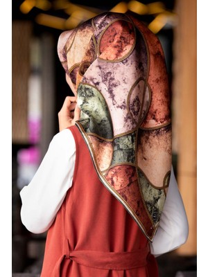 Vissona %100 Twill Ipek Zincirli Mermer Desenli Haki - Bakır Renkli 90X90 Eşarp Dikim Şekli : El Dikişi