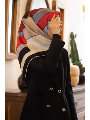 Vissona % 57 Ipek % 43 Viskon Twill Gemetrik Bulut Desenli Kırmızı Bej Renkli 90X90 Eşarp Dikim Şekli: El