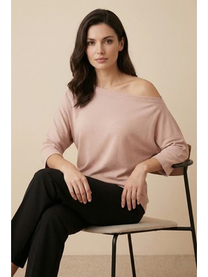 Şiir Aleg Kadın Kayık Yaka Dökümlü Rahat Kalıp Truvakar Kol Bluz & Top - Bej