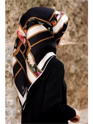 Vissona Tivil Ipek Eşarp 10638 - 1 - 0001 - 0003 Siyah Krem Karışık Desen