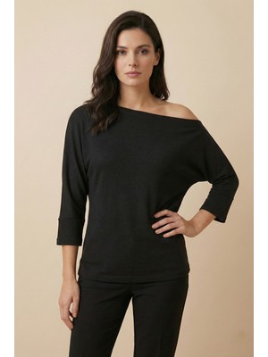 Şiir Aleg Kadın Kayık Yaka Dökümlü Rahat Kalıp Truvakar Kol Bluz & Top - Siyah