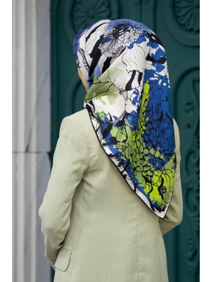 Vissona %100 Twill Ipek Yaprak Desenli Lacivert - Haki Renkli 90X90 Eşarp Dikim Şekli : El Dikişi