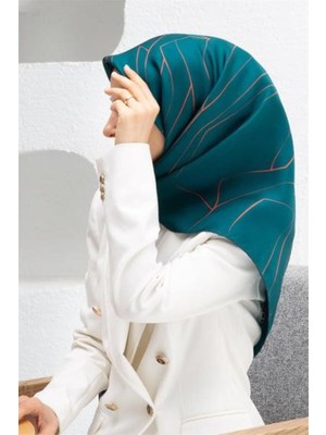 Vissona Tivil Ipek Eşarp 60801 - 33 - 0039 - 0013 Petrol Yeşili Turuncu Çizgi Desen