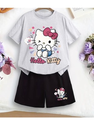 Punix Kids Hello Kıtty Özel Seri  Baskılı Yüksek Kalite Tam Yazlık Pamuk Dokuma Kız Çocuk Şort T-Shırt Takım