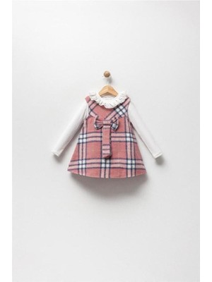 Magu Kız Çocuk Pamuklu Pudra Ekose Elbise - Dantel Yakalı Fiyonklu Jile Elbise Uzun Kollu Içlikli 2'li Set