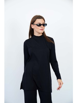 Penye Bizden Viskon Dik Yaka Tunik -Siyah