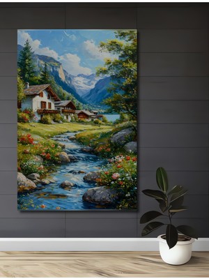 Teona Ahşap Alp Dağları Manzaralı Sulu Boya Görünümlü Ahşap Dekoratif Ev,antre,salon,ofis,mutfak Tablo