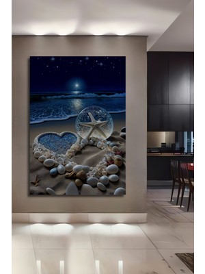 Teona Ahşap Deniz Kabuklu Kalp ve Deniz Yıldızı Cam Küre Ev,antre,salon,ofis,mutfak,yatak Odası Tablosu