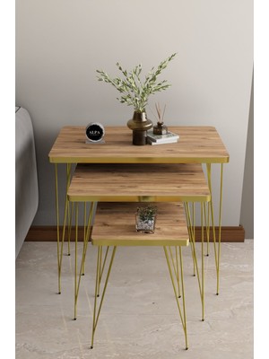 Alpa Ev Mobilya 3'lü Gold Tel Ayaklı Dikdörtgen Zigon Sehpa Takımı - Modern Salon ve Yan Sehpa Seti