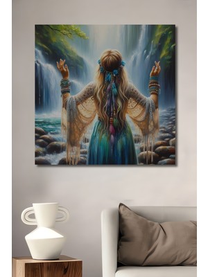 Teona Ahşap Bohem Kadın ve Şelale Yağlı Boya Görünümlü Ahşap Dekoratif Ev,antre,salon,ofis,mutfak Tablo