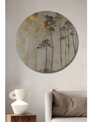 Teona Ahşap Altın Vurgulu Orman Silüeti Yağlı Boya Görünümlü Ahşap Dekoratif Tablo Yuvarlak Duvar Tablosu