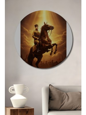 Teona Ahşap Atatürk Savaşçı At Üzerinde Yağlı Boya Görünümlü Ahşap Dekoratif Tablo Yuvarlak Duvar Tablosu