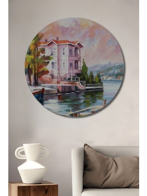 Teona Ahşap Istanbul Boğazı Manzarası Yağlı Boya Görünümlü Ahşap Dekoratif Tablo Yuvarlak Duvar Tablosu