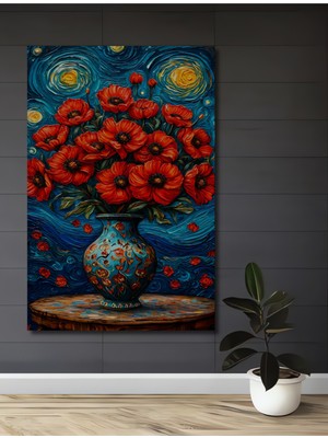 Teona Ahşap Kırmızı Gelinciklerin Yıldızlı Gecesi Yağlı Boya Görünümlü Ahşap Dekoratif Ev,antre,salon Tablo
