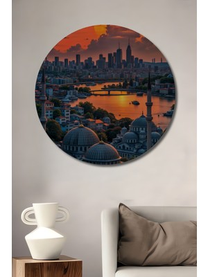 Teona Ahşap Istanbul Silüeti Camii Manzaralı Gün Batımı Yağlı Boya Görünümlü Ahşap Dekoratif Tablo Yuvarlak Duvar Tablosu