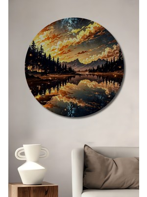 Teona Ahşap Büyülü Gece Ormanı Yağlı Boya Görünümlü Ahşap Dekoratif Tablo Yuvarlak Duvar Tablosu