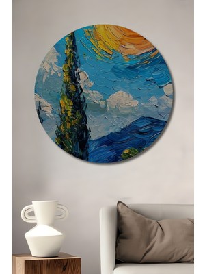 Teona Ahşap Van Gogh Yıldızlı Gece Görünümlü Ahşap Dekoratif Tablo Yuvarlak Duvar Tablosu