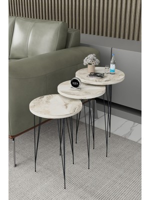Alpa Ev Mobilya 3'lü Metal Siyah Tel Ayaklı Yuvarlak Zigon Sehpa Takımı - Modern Salon ve Yan Sehpa Seti