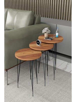 Alpa Ev Mobilya 3'lü Metal Siyah Tel Ayaklı Yuvarlak Zigon Sehpa Takımı - Modern Salon ve Yan Sehpa Seti