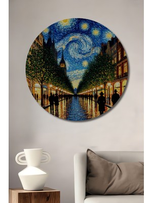 Teona Ahşap Yıldızlı Gece Sokak Manzarası Yağlı Boya Görünümlü Ahşap Dekoratif Tablo Yuvarlak Duvar Tablosu