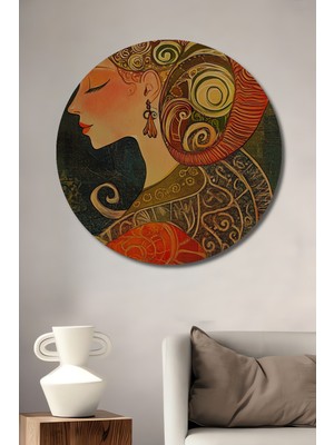 Teona Ahşap Kadın Silüeti Yağlı Boya Görünümlü Ahşap Dekoratif Tablo Yuvarlak Duvar Tablosu