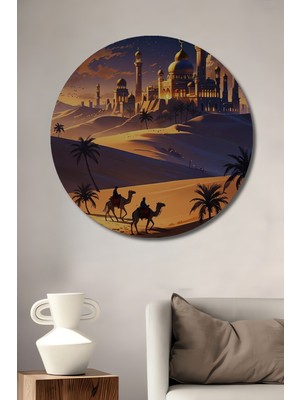 Teona Ahşap Büyülü Çöl Gecesi Deve Kervanı Yağlı Boya Görünümlü Ahşap Dekoratif Tablo Yuvarlak Duvar Tablosu
