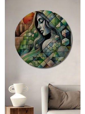Teona Ahşap Kadın Portresi Sulu Boya Görünümlü Ahşap Dekoratif Tablo Yuvarlak Duvar Tablosu
