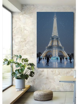 Teona Ahşap Işıklandırılmış Eyfel Kulesi Işıl Işıl Buz Pateni Sahnesi Yağlı Boya Görünümlü Ahşap Dekoratif Tablo