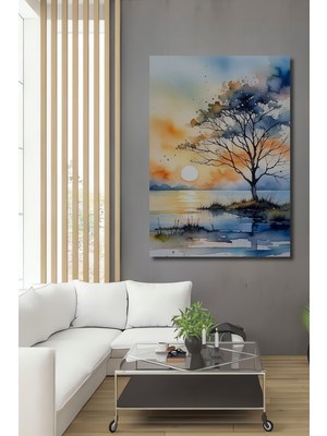Teona Ahşap Gün Batımı Ağaçlı Su Manzarası Sulu Boya Görünümlü Ahşap Dekoratif Ev,antre,salon,ofis,mutfak Tablo