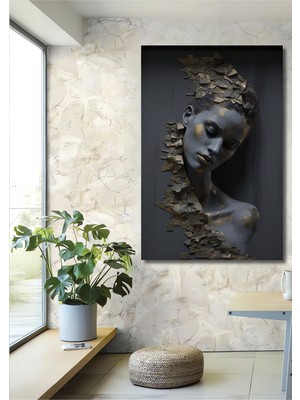 Teona Ahşap Altın Yaprak Detaylı Gri Kadın Büstü Ahşap Dekoratif Ev,antre,salon,ofis,mutfak,yatak Odası Tablo