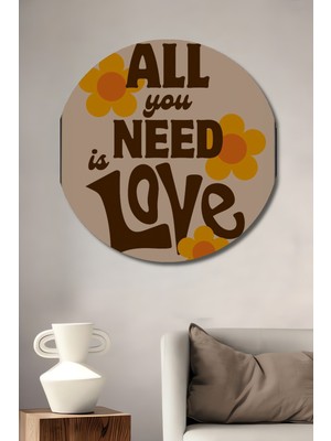 Teona Ahşap Retro Çiçekli Aşk Yazılı Ahşap Dekoratif Tablo Yuvarlak Duvar Tablosu