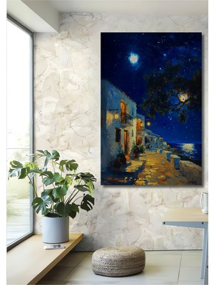 Teona Ahşap Ay Işığında Akdeniz Sokakları Yağlı Boya Görünümlü Ahşap Dekoratif Ev,antre,salon,ofis,mutfak Tablo