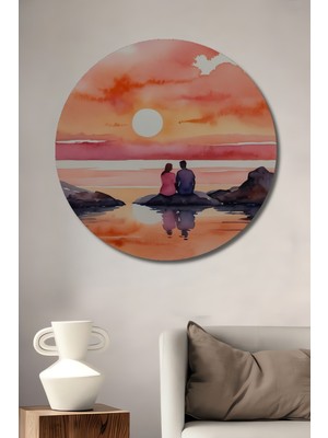 Teona Ahşap Romantik Gün Batımı Silüeti Sulu Boya Görünümlü Ahşap Dekoratif Tablo Yuvarlak Duvar Tablosu