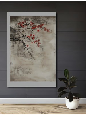 Teona Ahşap Kırmızı Çiçekli Dallı Ağaç Sulu Boya Görünümlü Soyut Sanat Ahşap Dekoratif Ev,antre,salon Tablo