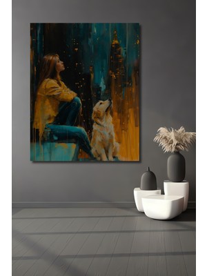 Teona Ahşap Sarı Montlu Kadın ve Dostu Golden Retriever Yağlı Boya Görünümlü Modern Sanat Dekoratif Ahşap Tablo