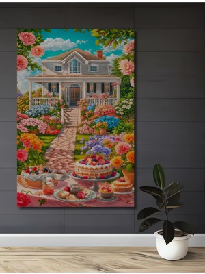 Teona Ahşap Masalsı Bahçe Evi ve Tatlı Büfesi Sulu Boya Görünümlü Ahşap Dekoratif Ev,antre,salon,ofis Tablo