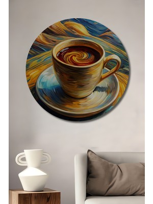 Teona Ahşap Altın Çağ Kahve Rüyası Yağlı Boya Görünümlü Ahşap Dekoratif Tablo Yuvarlak Duvar Tablosu