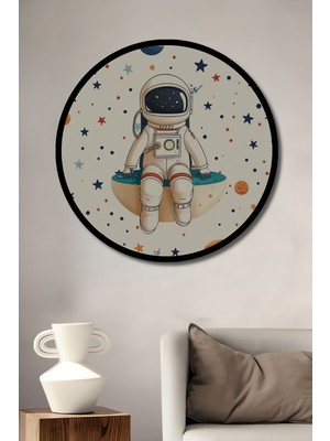 Teona Ahşap Uzay Kaşifi Sulu Boya Görünümlü Dekoratif Ahşap Tablo Yuvarlak Duvar Tablosu