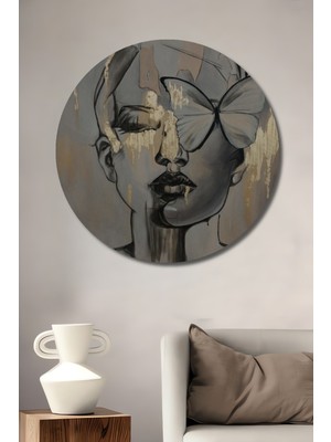 Teona Ahşap Kelebek Kanatlı Kadın Portresi Yağlı Boya Görünümlü Ahşap Dekoratif Tablo Yuvarlak Duvar Tablosu