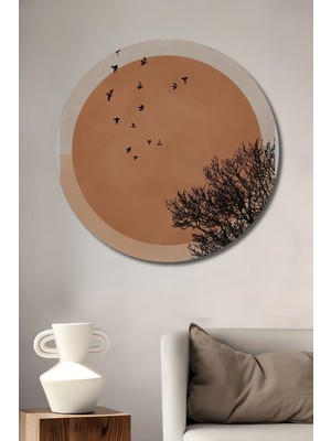 Teona Ahşap Uçan Kuşlar ve Ağaç Silüeti Yağlı Boya Görünümlü Modern Sanat Ahşap Dekoratif Tablo Yuvarlak Duvar Tablosu