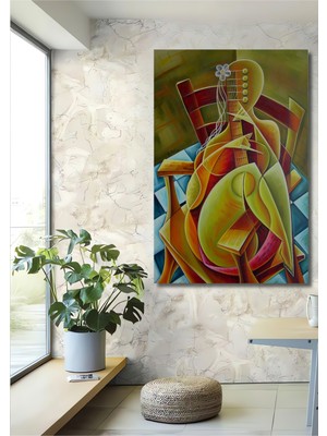 Teona Ahşap Gitarist Kadın Figür Yağlı Boya Görünümlü Modern Sanat Ahşap Dekoratif Ev,antre,salon,ofis Tablo