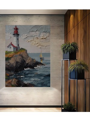 Teona Ahşap Deniz Feneri Manzaralı Yağlı Boya Görünümlü Modern Sanat Ahşap Dekoratif Ev,antre,salon,ofis Tablo