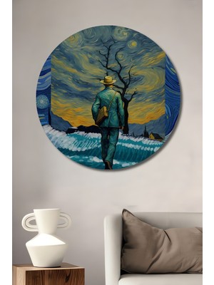 Teona Ahşap Van Gogh Yıldızlı Gece Esintili Adam ve Balina Ahşap Dekoratif Tablo Yuvarlak Duvar Tablosu