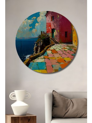 Teona Ahşap Renkli Akdeniz Kasabası Yağlı Boya Görünümlü Dekoratif Ahşap Tablo Yuvarlak Duvar Tablosu