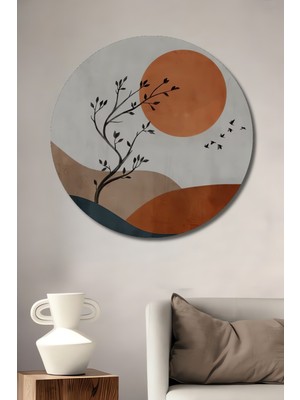 Teona Ahşap Batan Güneş ve Ağaç Silüeti Sulu Boya Görünümlü Modern Sanat Dekoratif Ahşap Tablo Yuvarlak Duvar Tablosu